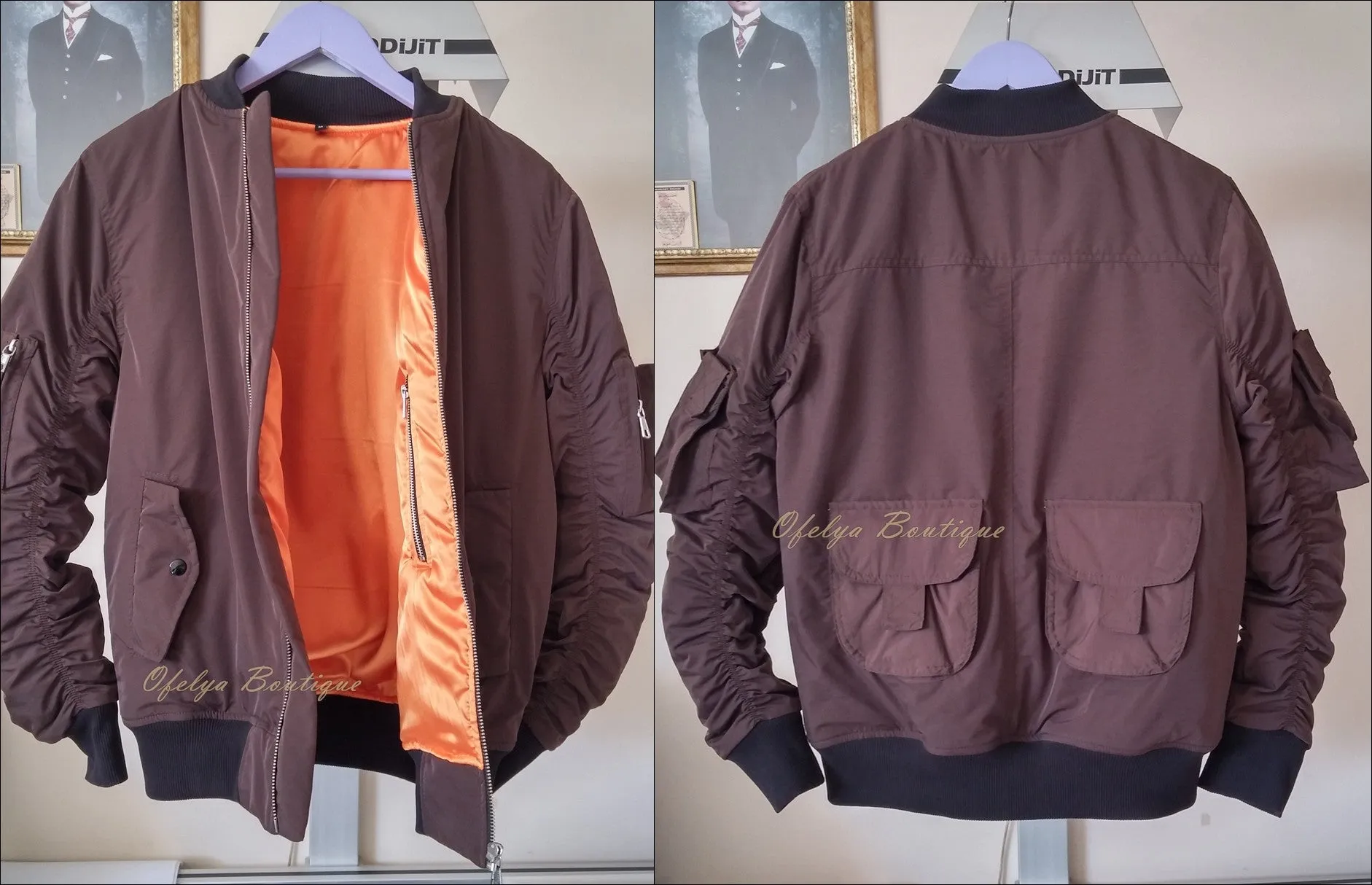 MA1 Brown with Orange Sateen Lining Back Pocket Fog Zipper Sleeves Quilted Bomber Jacket / Flight Jacket /Stich Lines on the Side Ways