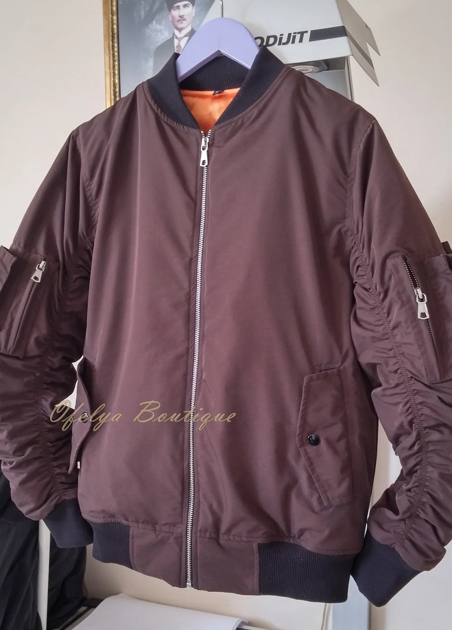 MA1 Brown with Orange Sateen Lining Back Pocket Fog Zipper Sleeves Quilted Bomber Jacket / Flight Jacket /Stich Lines on the Side Ways