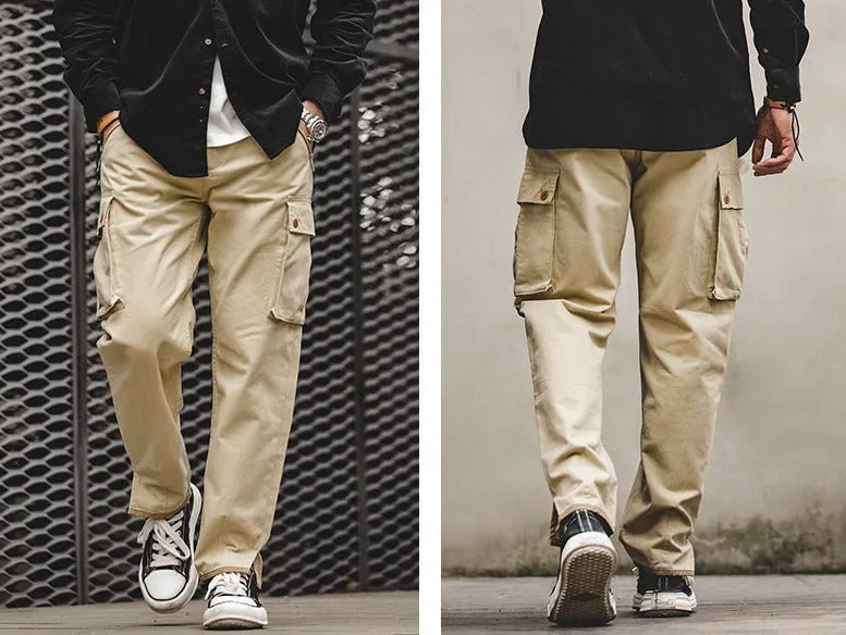 Maden Retro Khaki Tapered Cargo Pants Men Mountain Military Pant Cotton Zipper Pocket Casual Men's Trendy Long