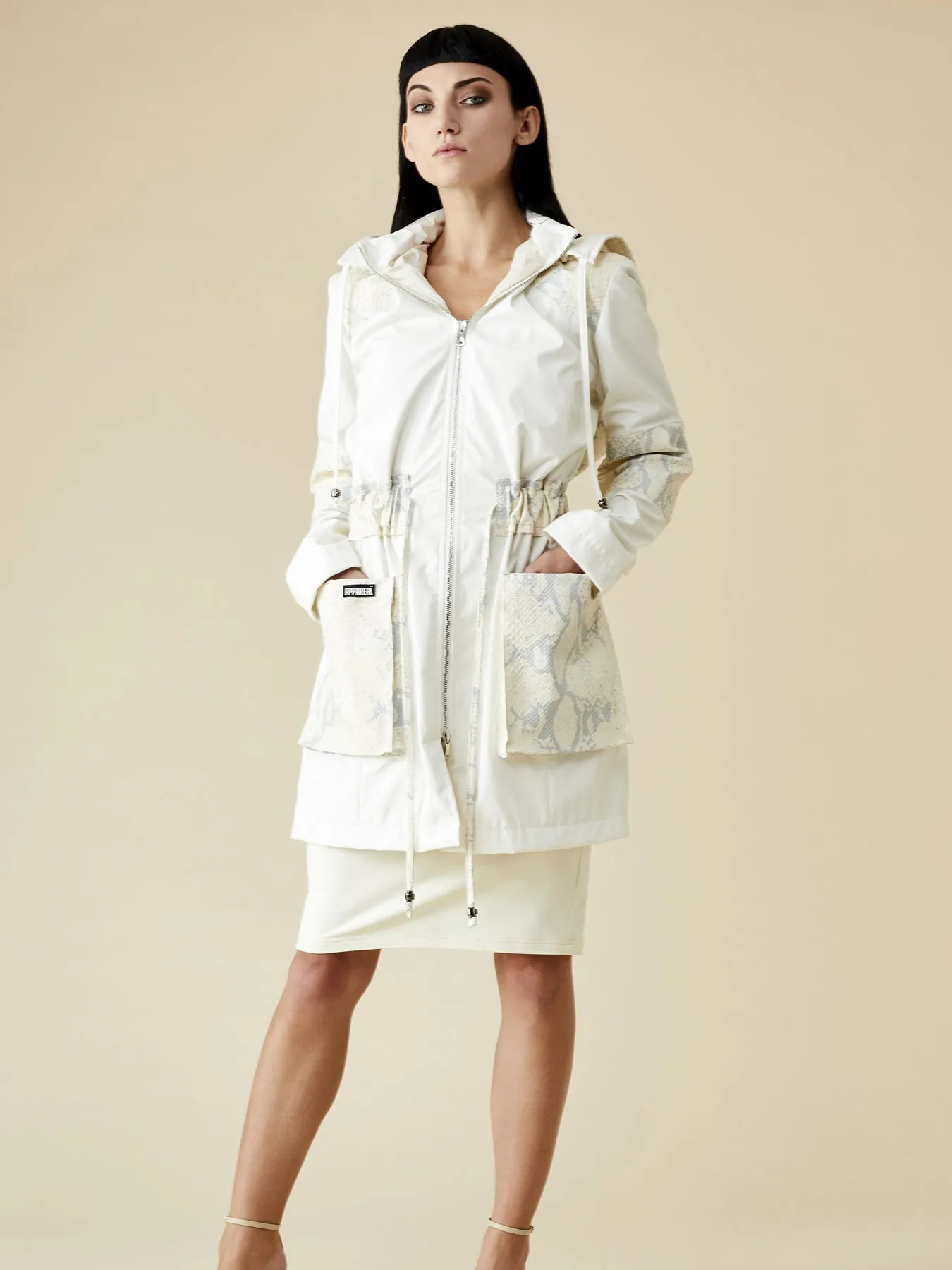 Melissandra Gabardine and Faux Python Parka, Off-White