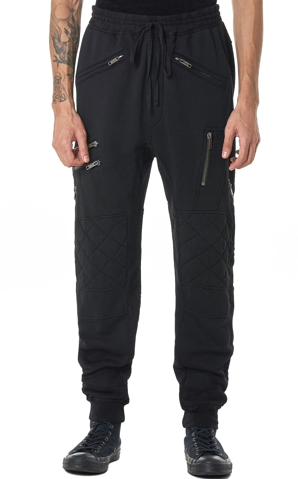 Men Biker Zip Jogger / Elastic Waistband / Zip Leg Pockets / Diamond-Quilted Knees