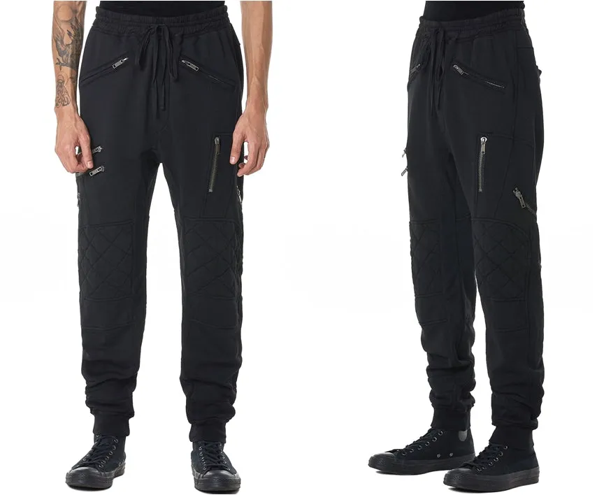 Men Biker Zip Jogger / Elastic Waistband / Zip Leg Pockets / Diamond-Quilted Knees