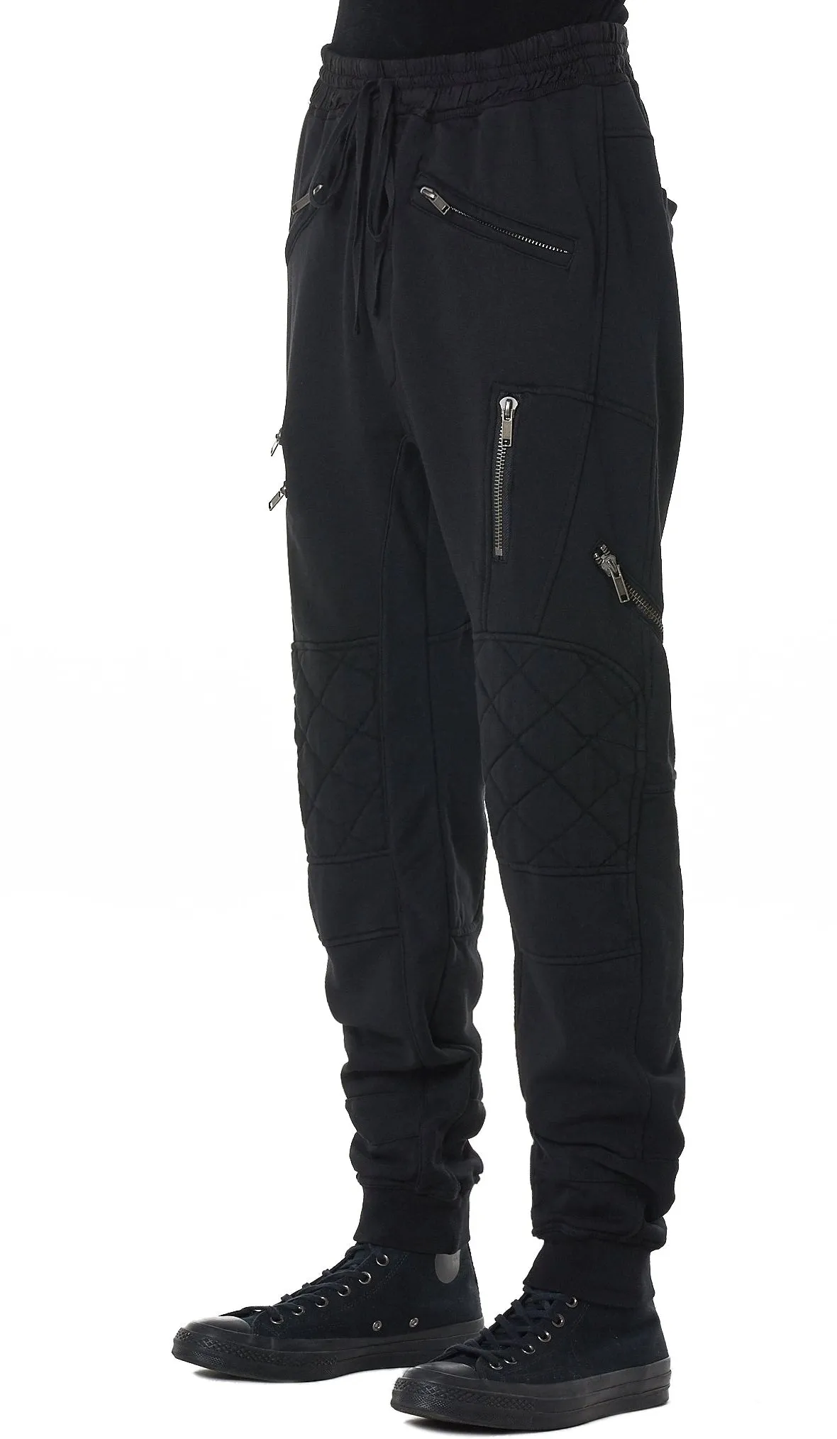 Men Biker Zip Jogger / Elastic Waistband / Zip Leg Pockets / Diamond-Quilted Knees