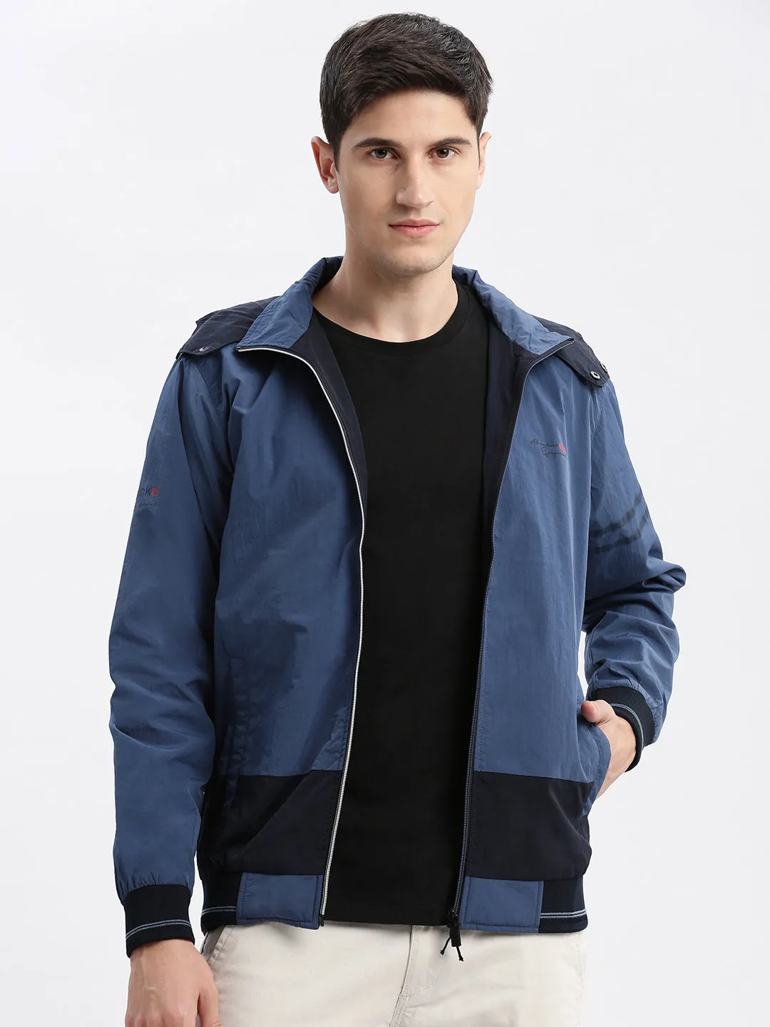 Men Colourblocked Mock Collar Blue Bomber Jacket Comes with Detachable Hoodie