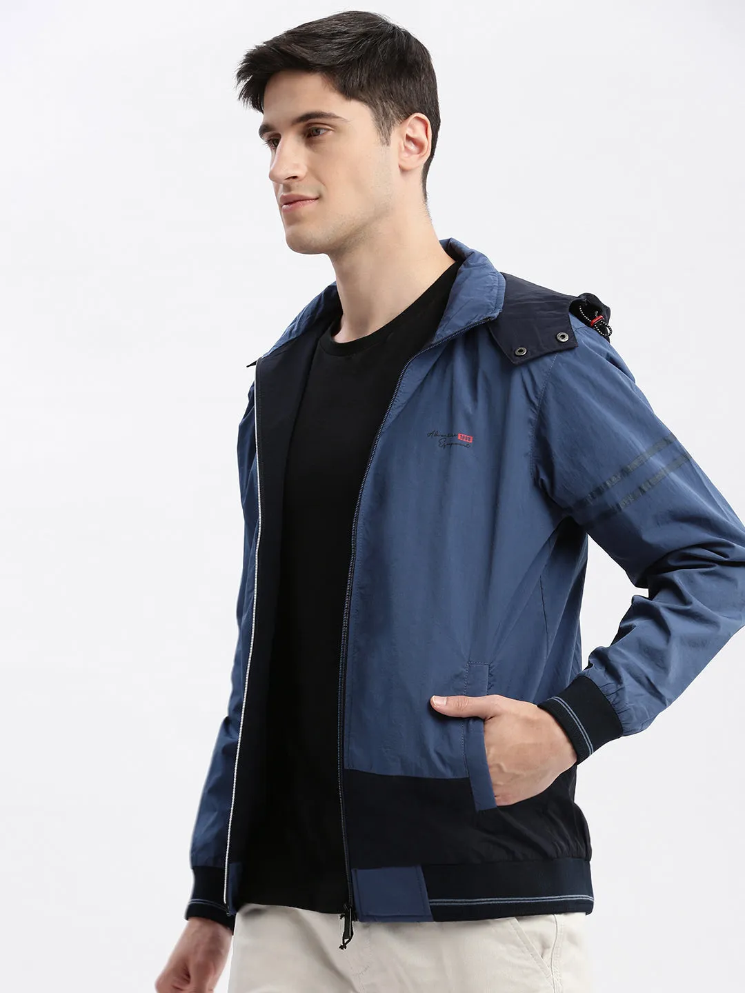 Men Colourblocked Mock Collar Blue Bomber Jacket Comes with Detachable Hoodie