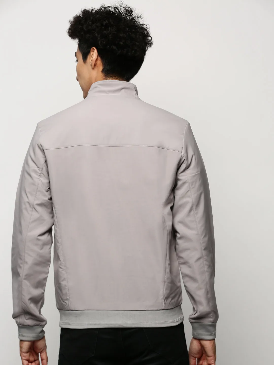 Men Grey Solid Bomber Jacket