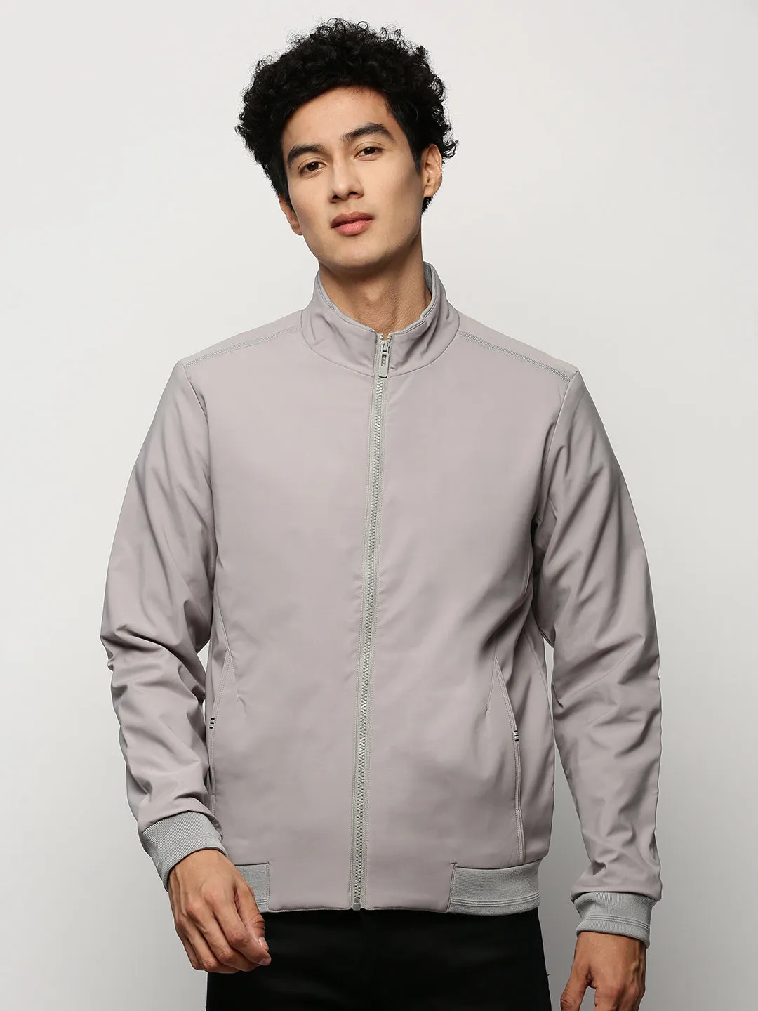 Men Grey Solid Bomber Jacket