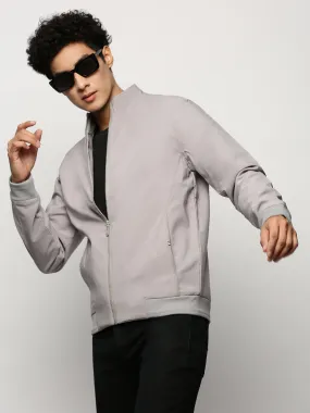 Men Grey Solid Bomber Jacket