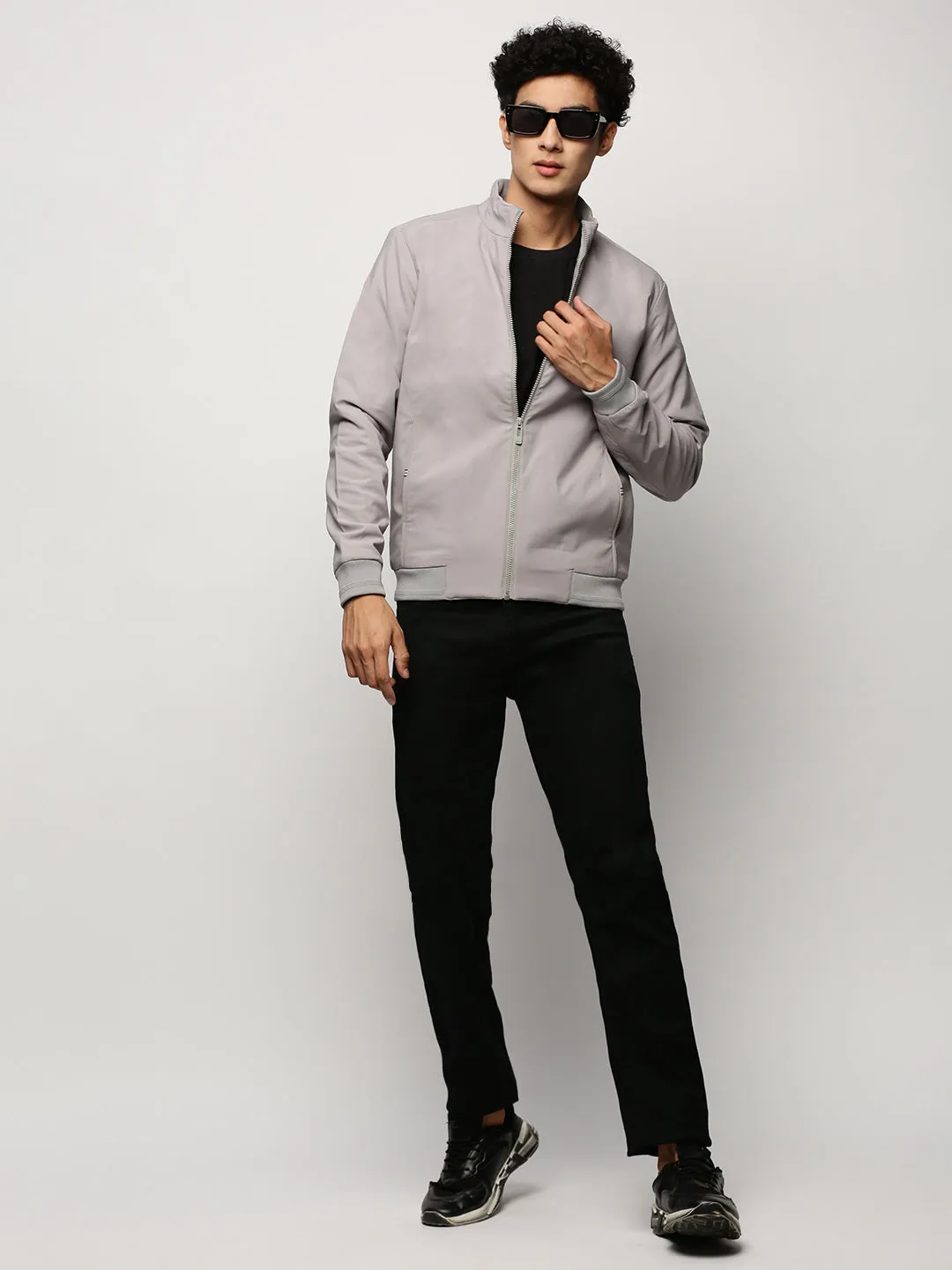 Men Grey Solid Bomber Jacket