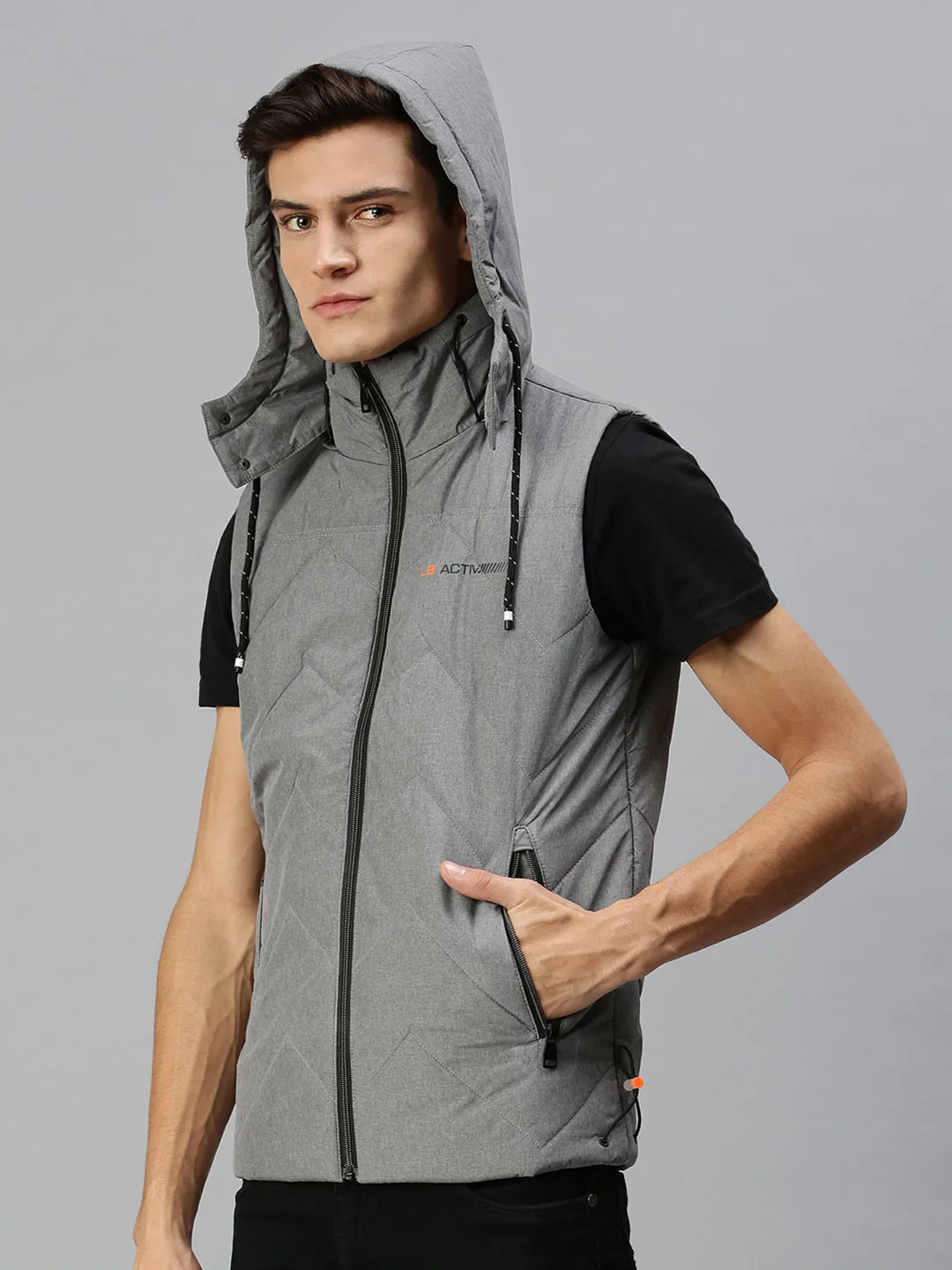 Men Hooded Solid Grey Padded Jacket