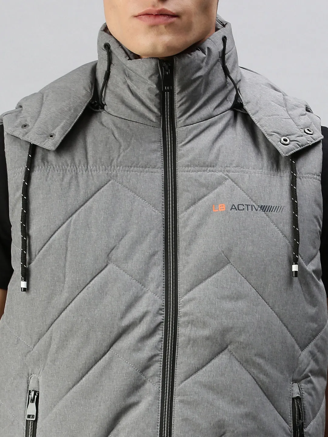 Men Hooded Solid Grey Padded Jacket