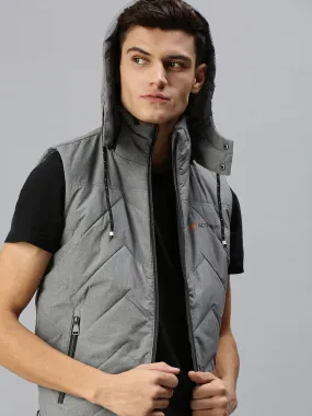 Men Hooded Solid Grey Padded Jacket