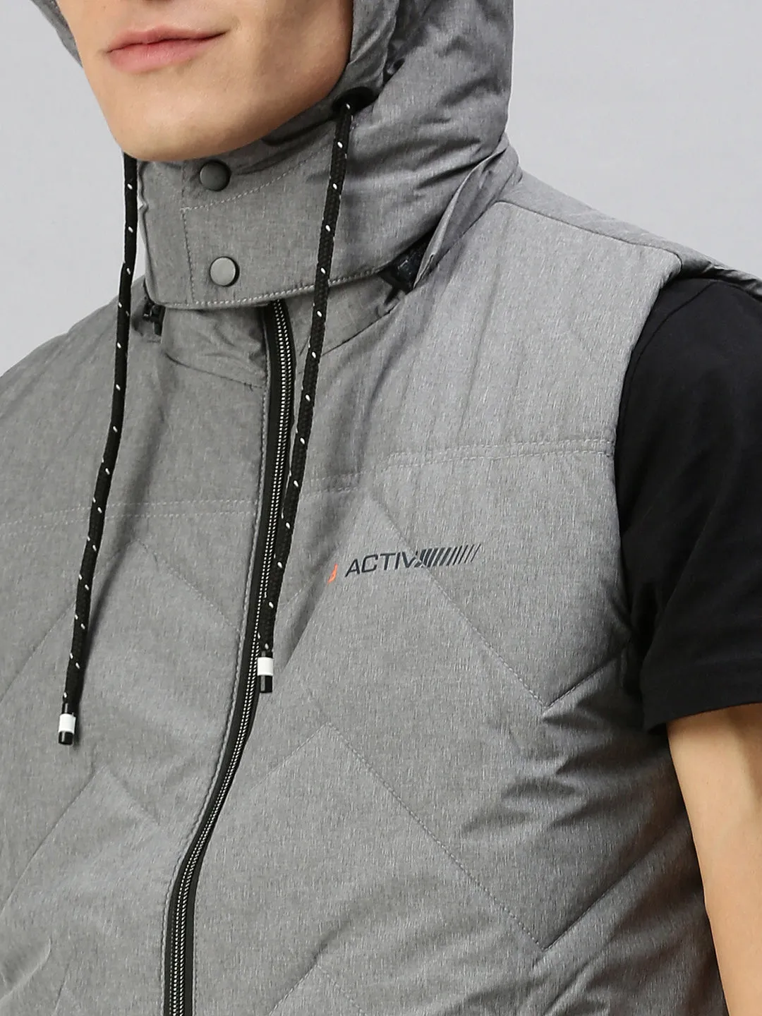 Men Hooded Solid Grey Padded Jacket