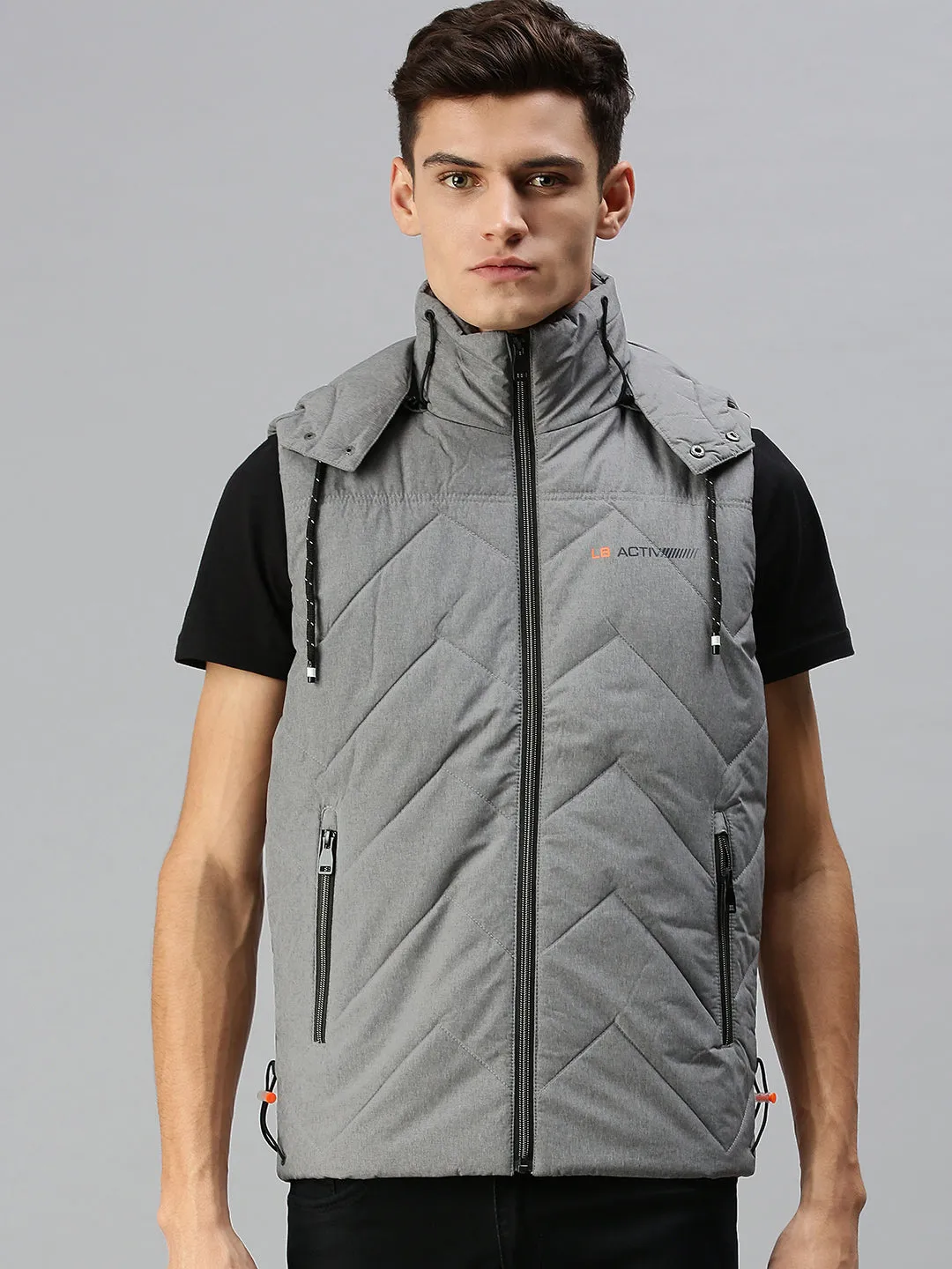 Men Hooded Solid Grey Padded Jacket