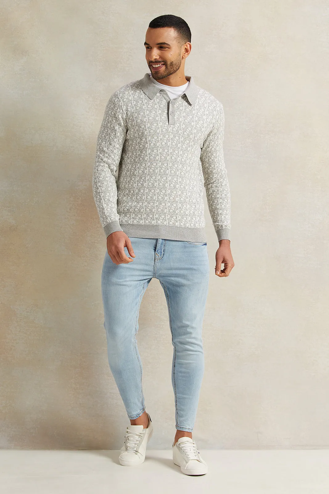 Men White And Grey Polo Collar Knitted Pullover