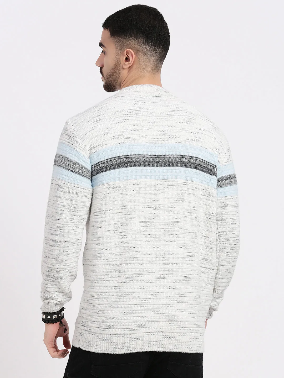 Men White Striped Sweater