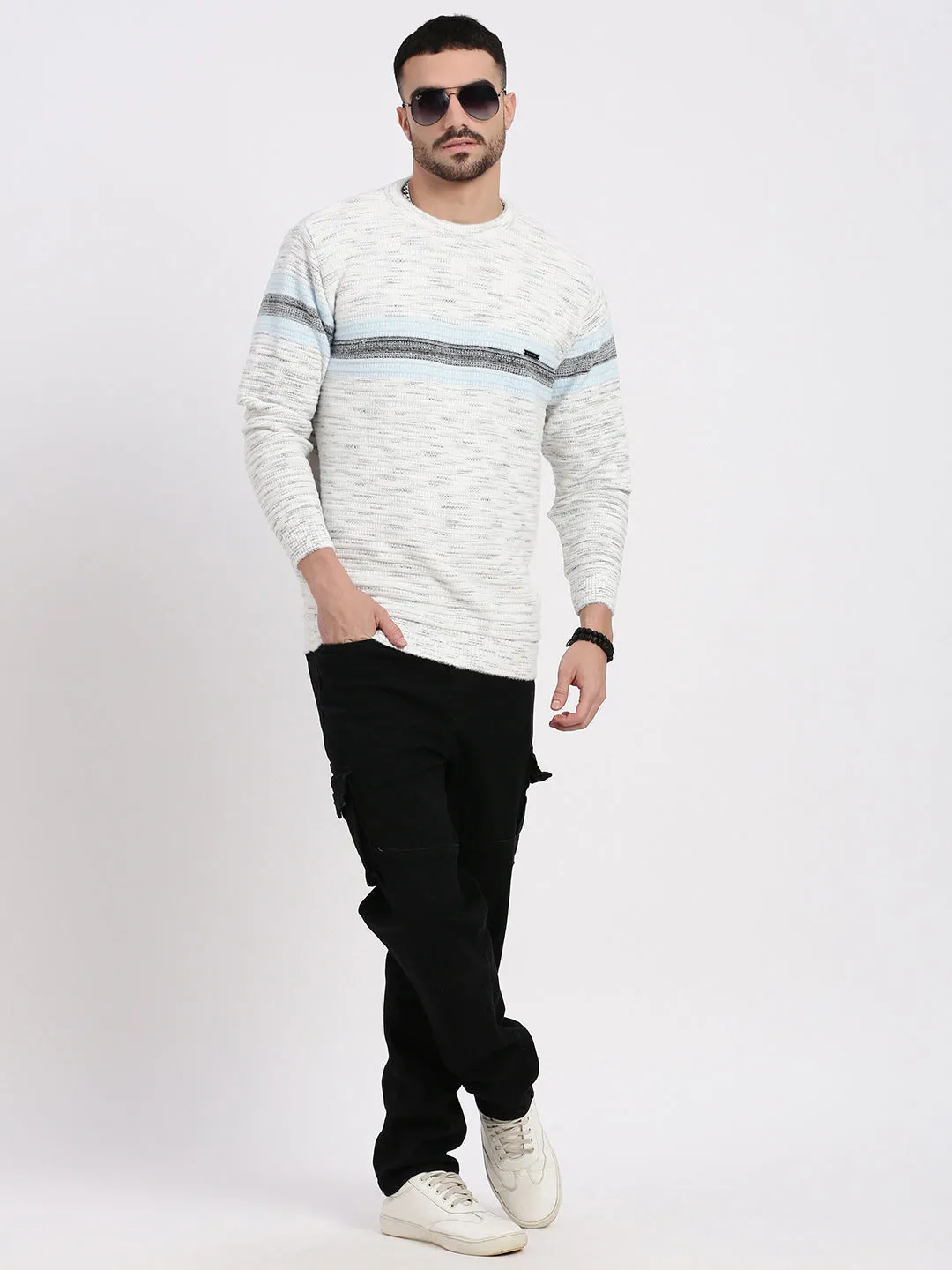 Men White Striped Sweater