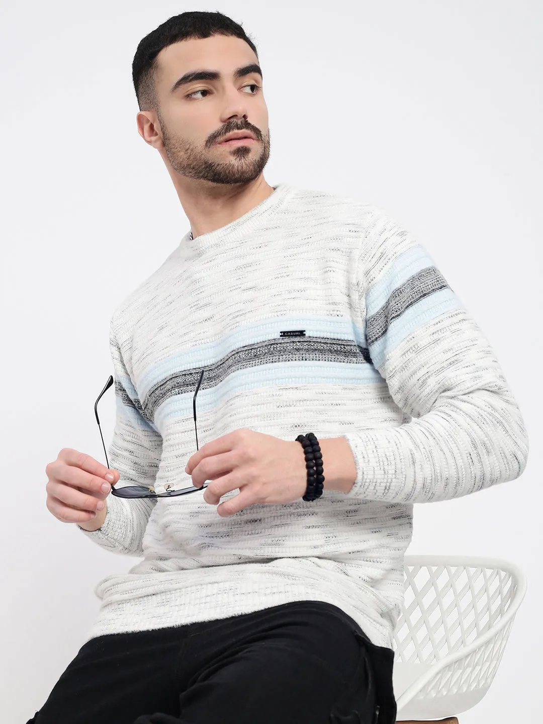 Men White Striped Sweater