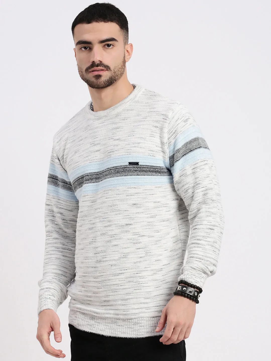 Men White Striped Sweater