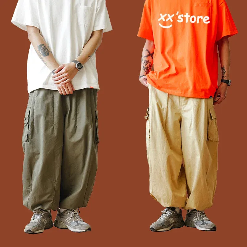 Men's Casual Solid Color Cargo Pants - Baggy Wide-leg Cropped Pants