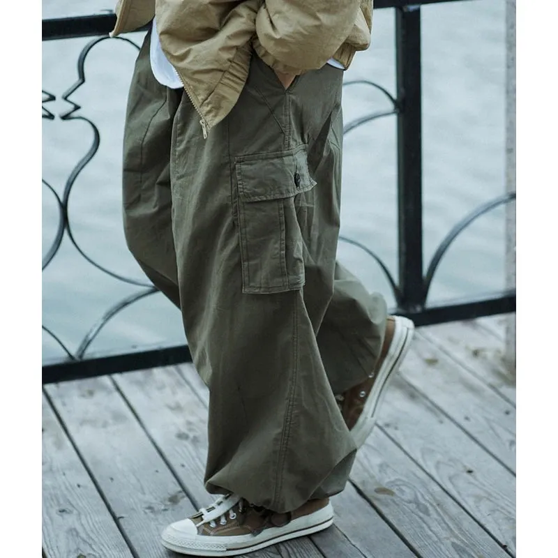 Men's Casual Solid Color Cargo Pants - Baggy Wide-leg Cropped Pants