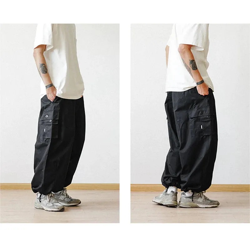 Men's Casual Solid Color Cargo Pants - Baggy Wide-leg Cropped Pants