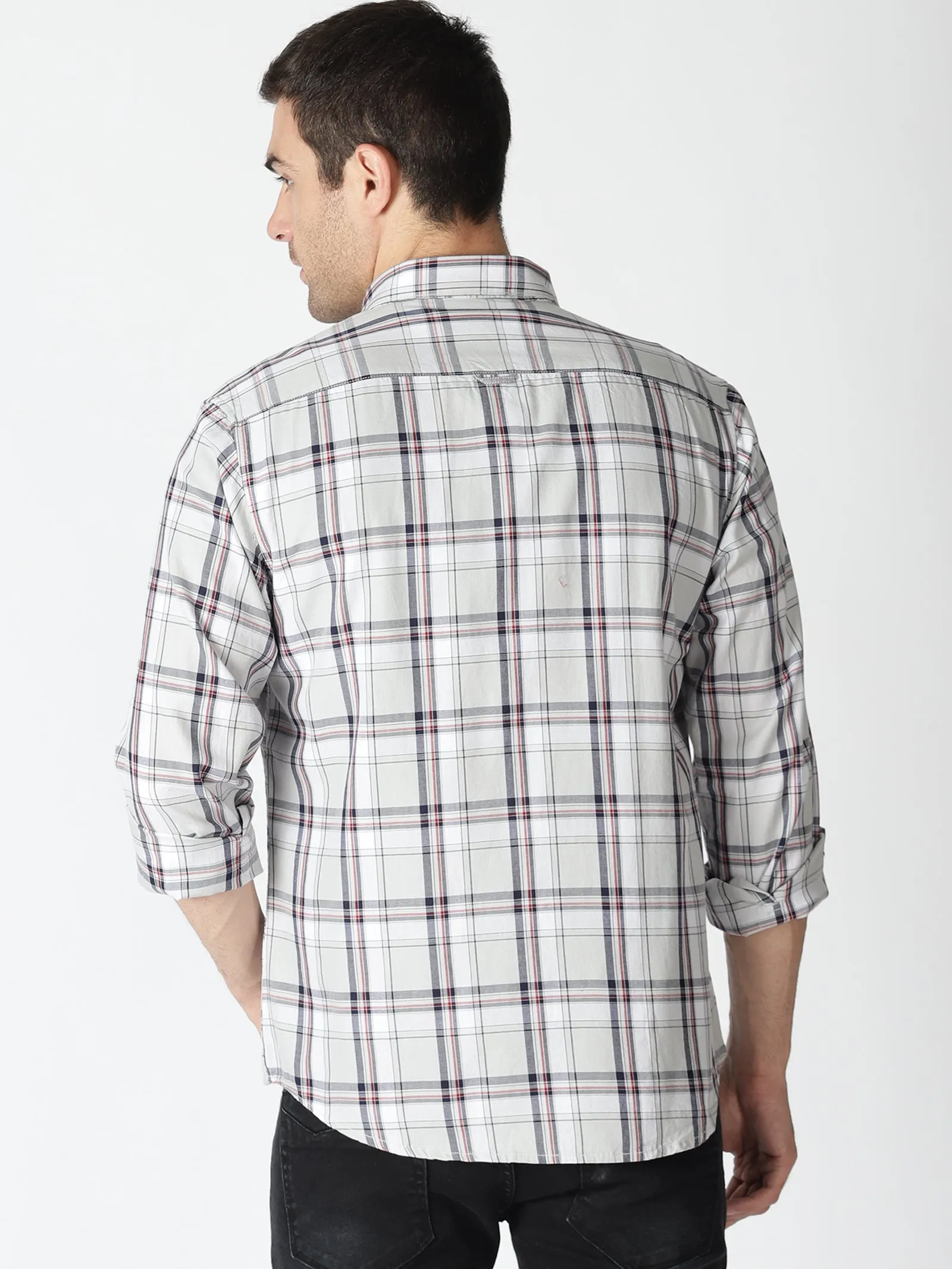 MEN'S LT GREY CHECKS SLIM FIT SHIRT