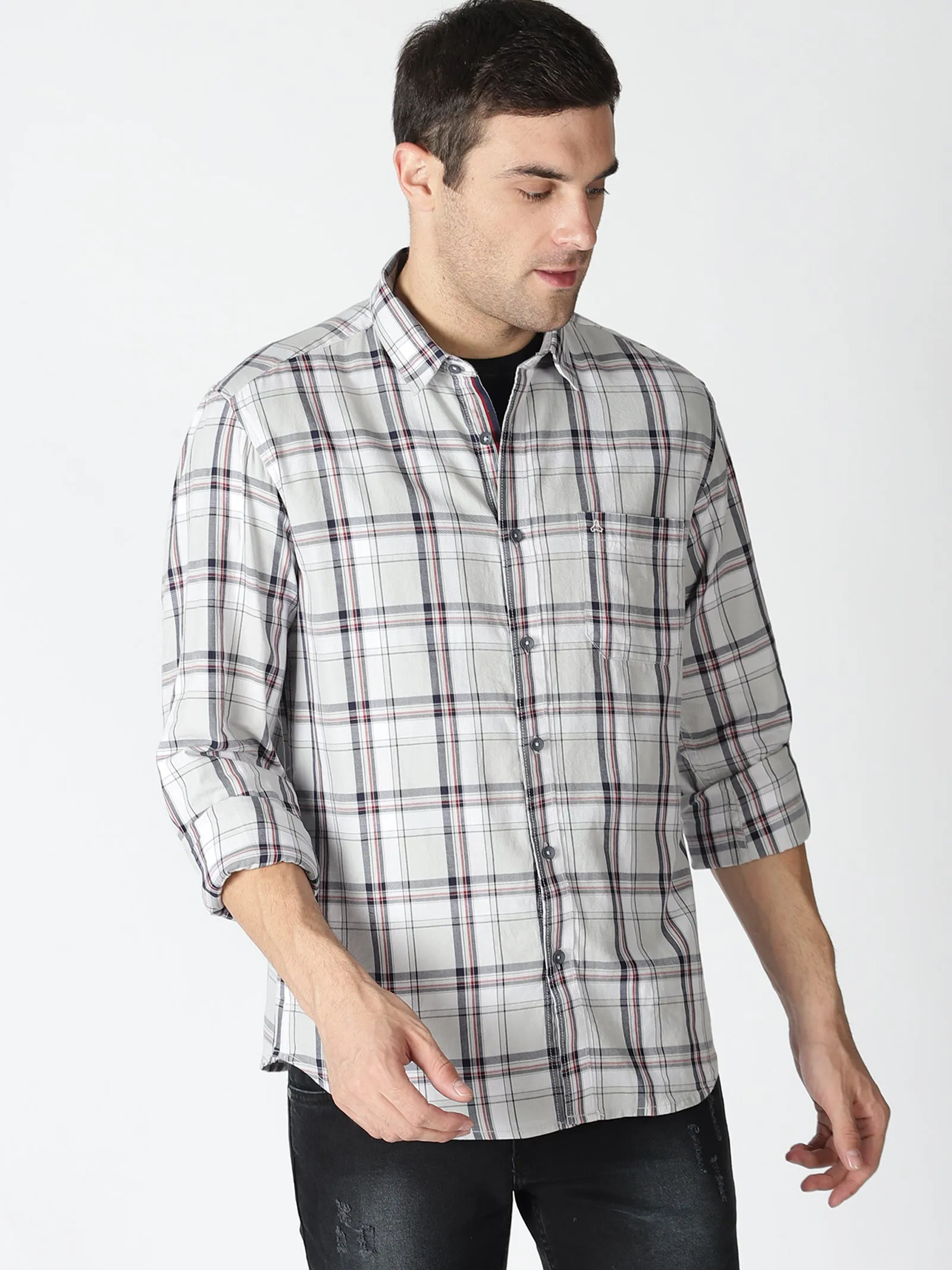 MEN'S LT GREY CHECKS SLIM FIT SHIRT