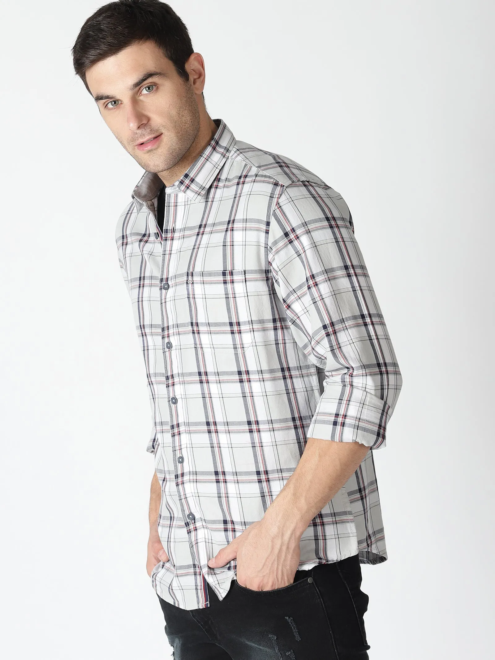 MEN'S LT GREY CHECKS SLIM FIT SHIRT