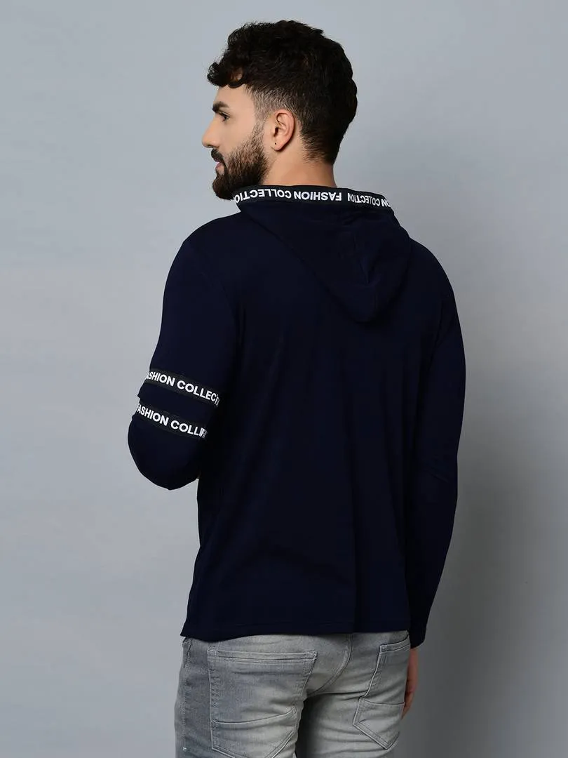 Men's Navy Blue Cotton Self Pattern Hooded Tees