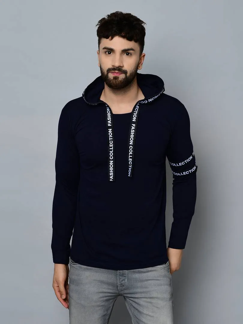 Men's Navy Blue Cotton Self Pattern Hooded Tees