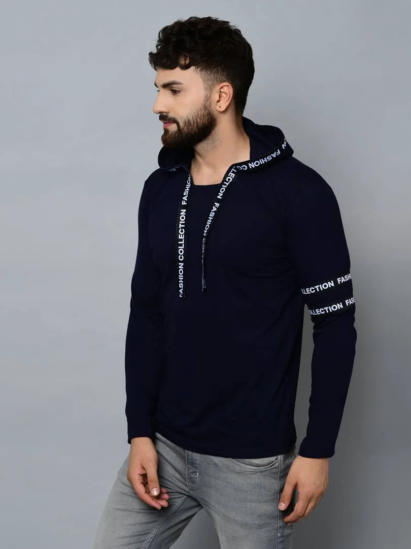 Men's Navy Blue Cotton Self Pattern Hooded Tees