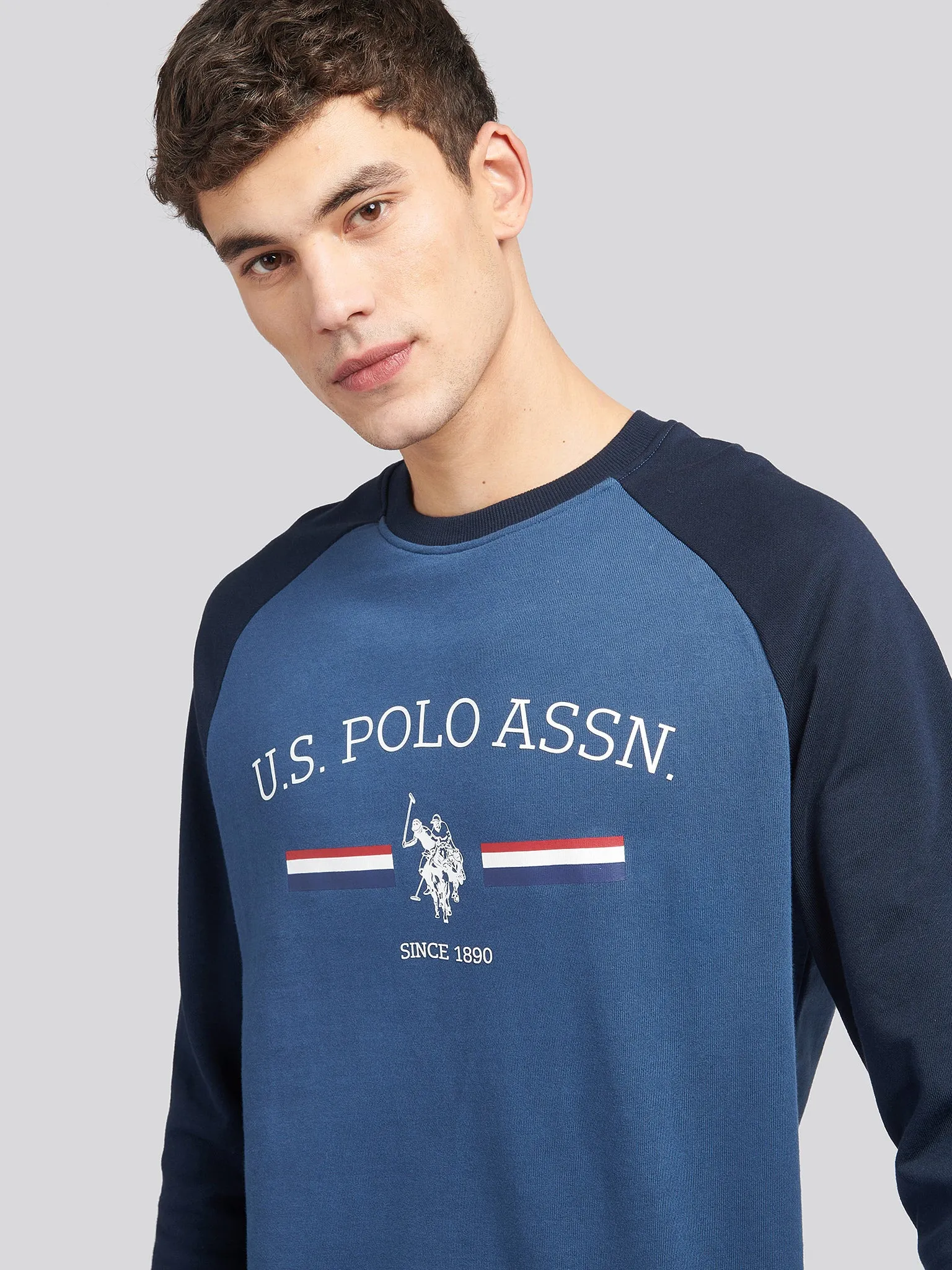 Mens Raglan Rider Crew Neck Sweater in Dark Denim