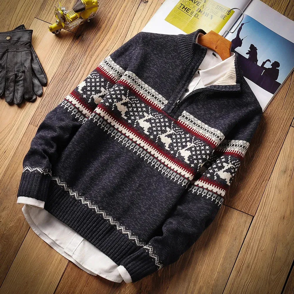 Men's Retro Jacquard Half Zip Sweater Cardigan