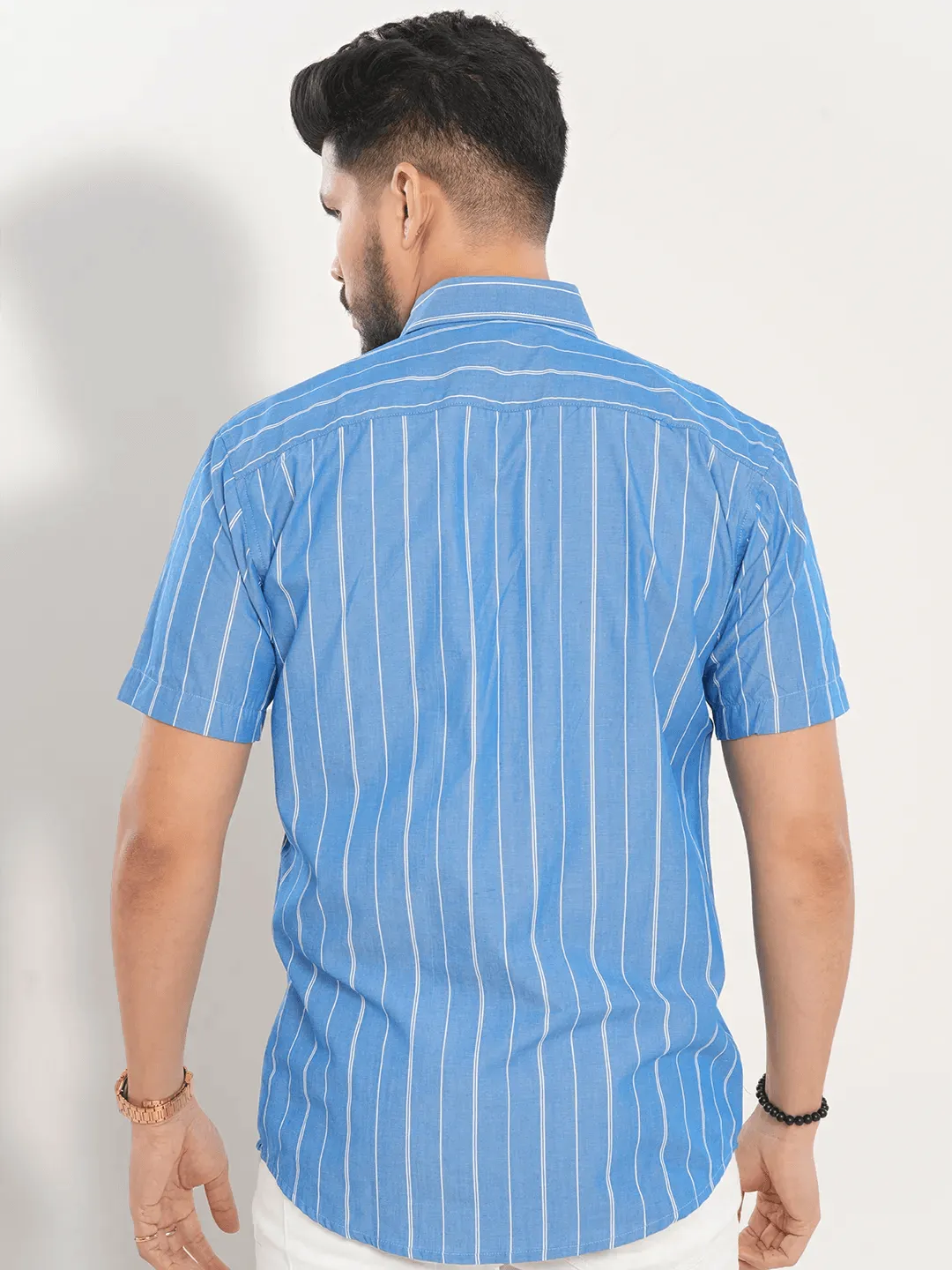 Men's Short Sleeve Casual Shirt in Cobalt Blue Stripe