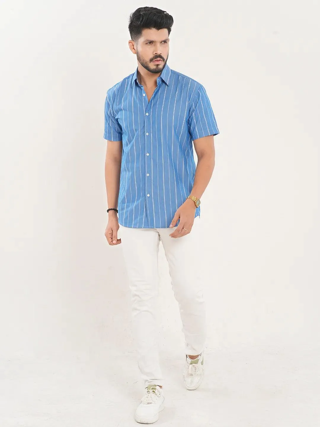 Men's Short Sleeve Casual Shirt in Cobalt Blue Stripe