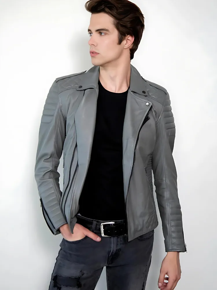 Mens Smooth Gray Motorcycle leather Jacket