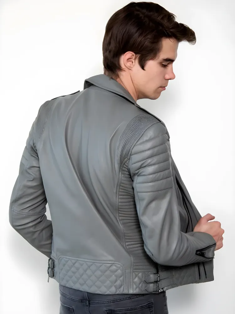 Mens Smooth Gray Motorcycle leather Jacket