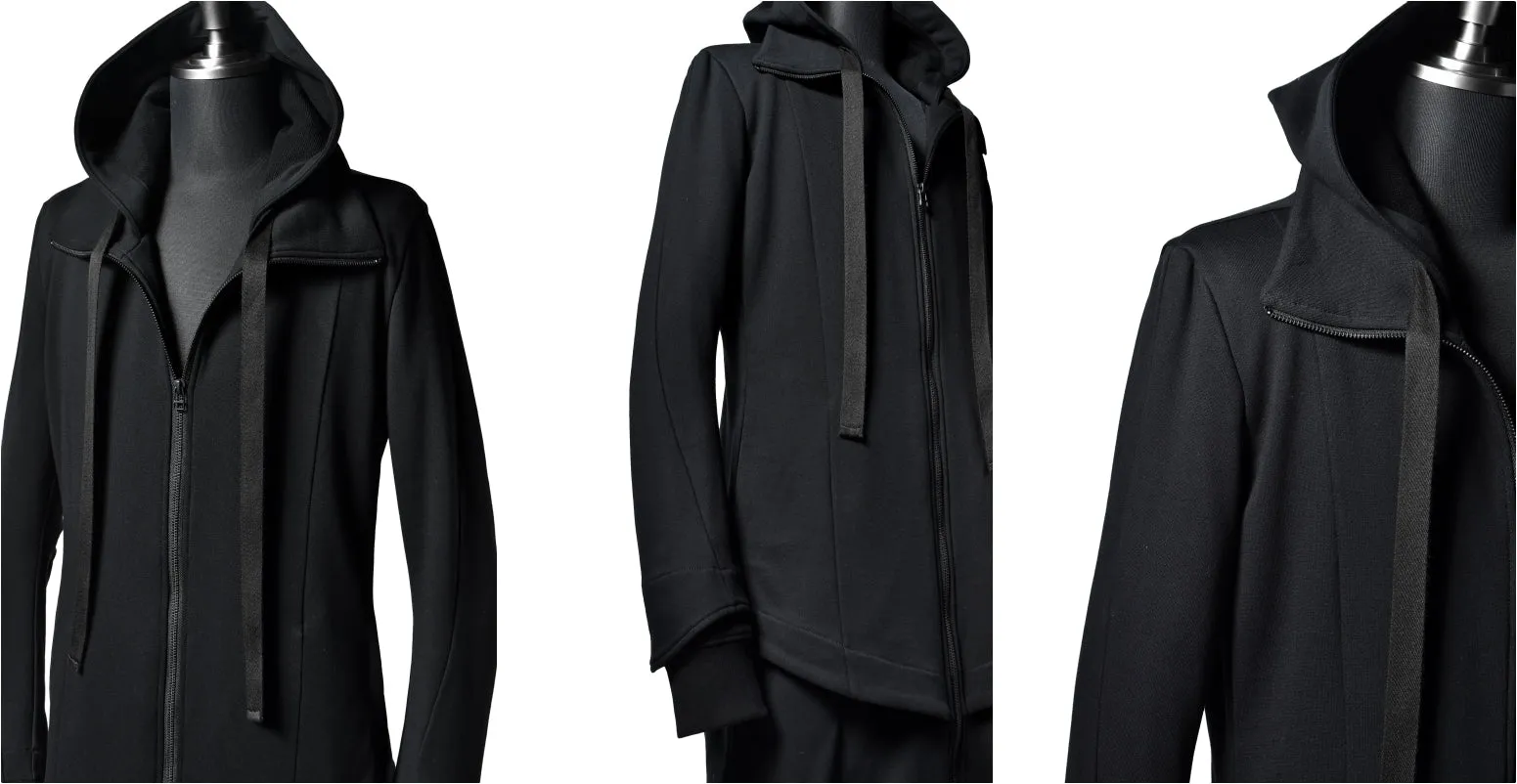 Men's SWEATER LAYER HOODED JACKET / High Neck Long Parka Asymmetric