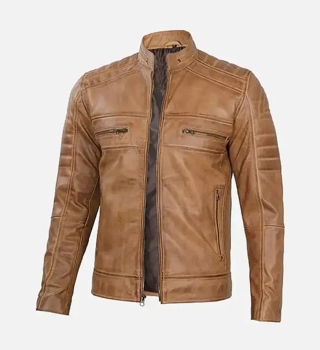 Men's Tan Rust Brown Leather Biker Jacket