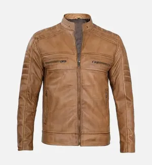 Men's Tan Rust Brown Leather Biker Jacket