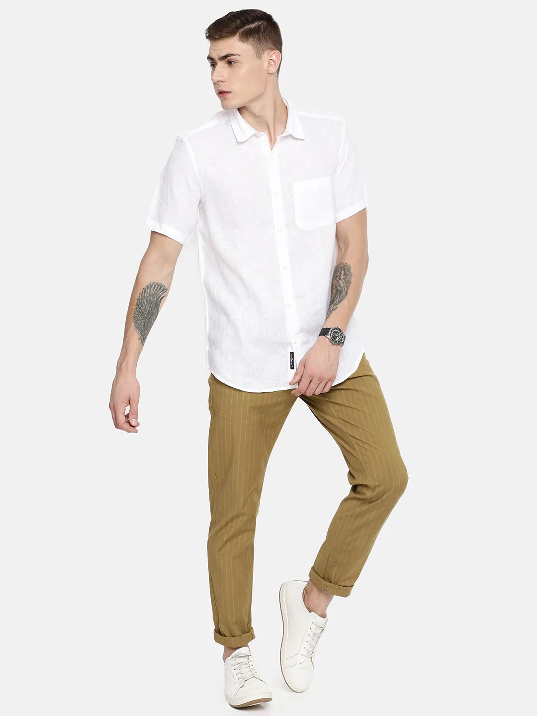 MEN'S WHITE SOLID SLIM FIT LINEN SHIRT