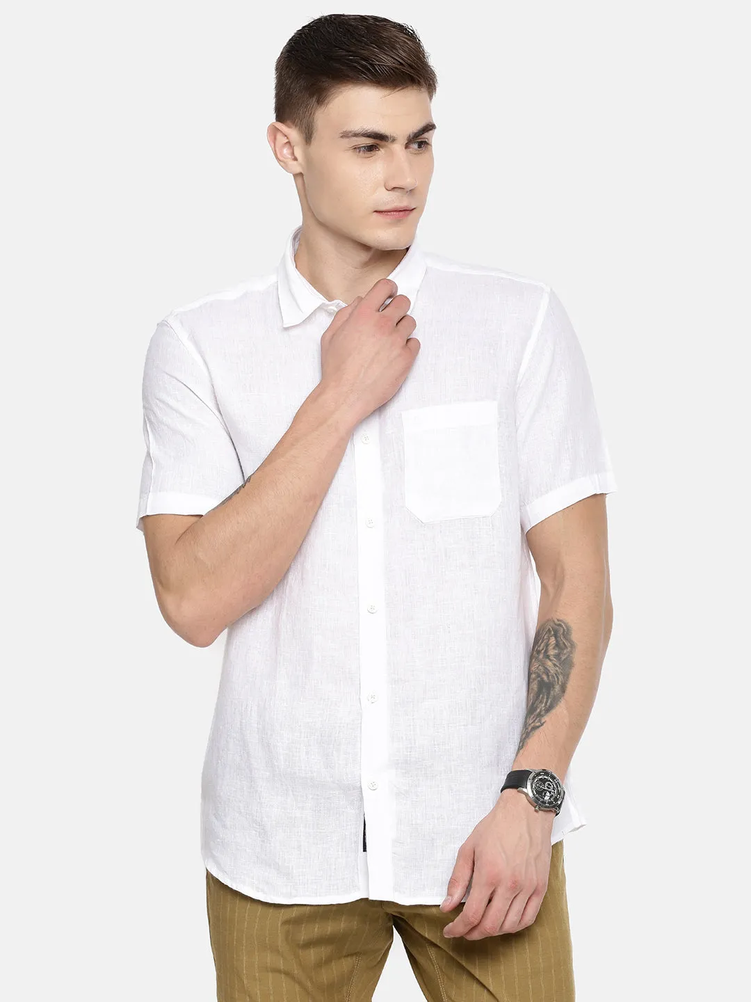 MEN'S WHITE SOLID SLIM FIT LINEN SHIRT