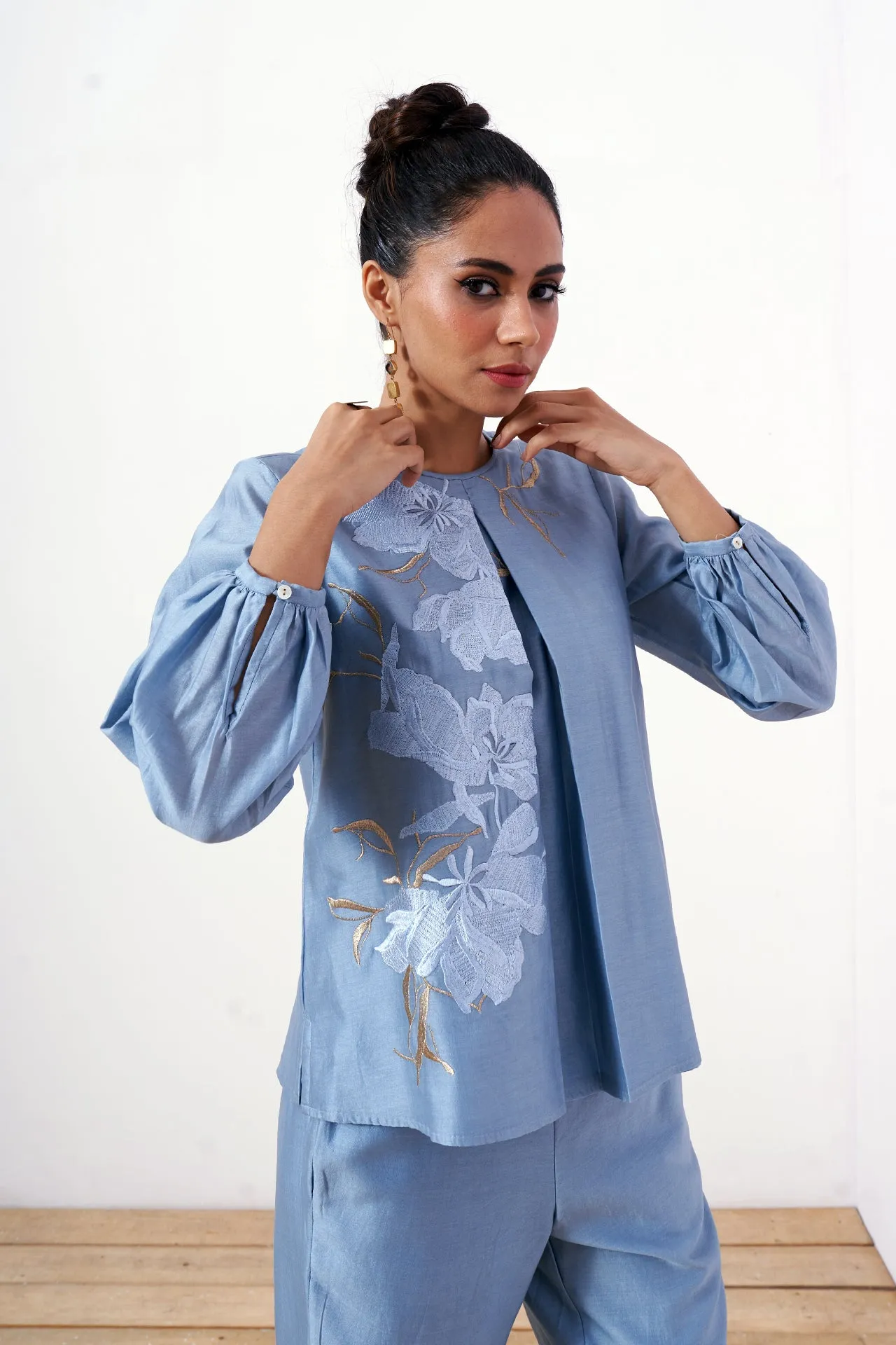 Miriam - Powder Blue Demure Top with Ankle Pants