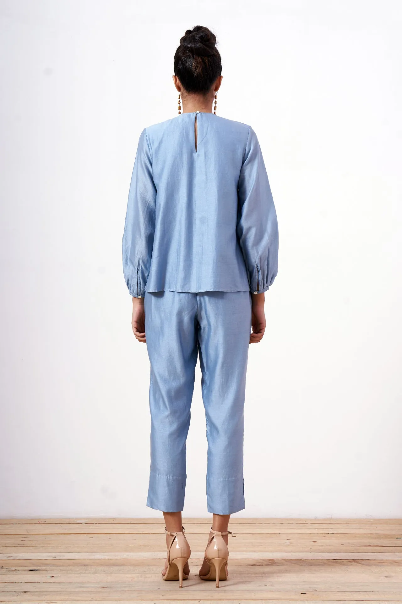 Miriam - Powder Blue Demure Top with Ankle Pants