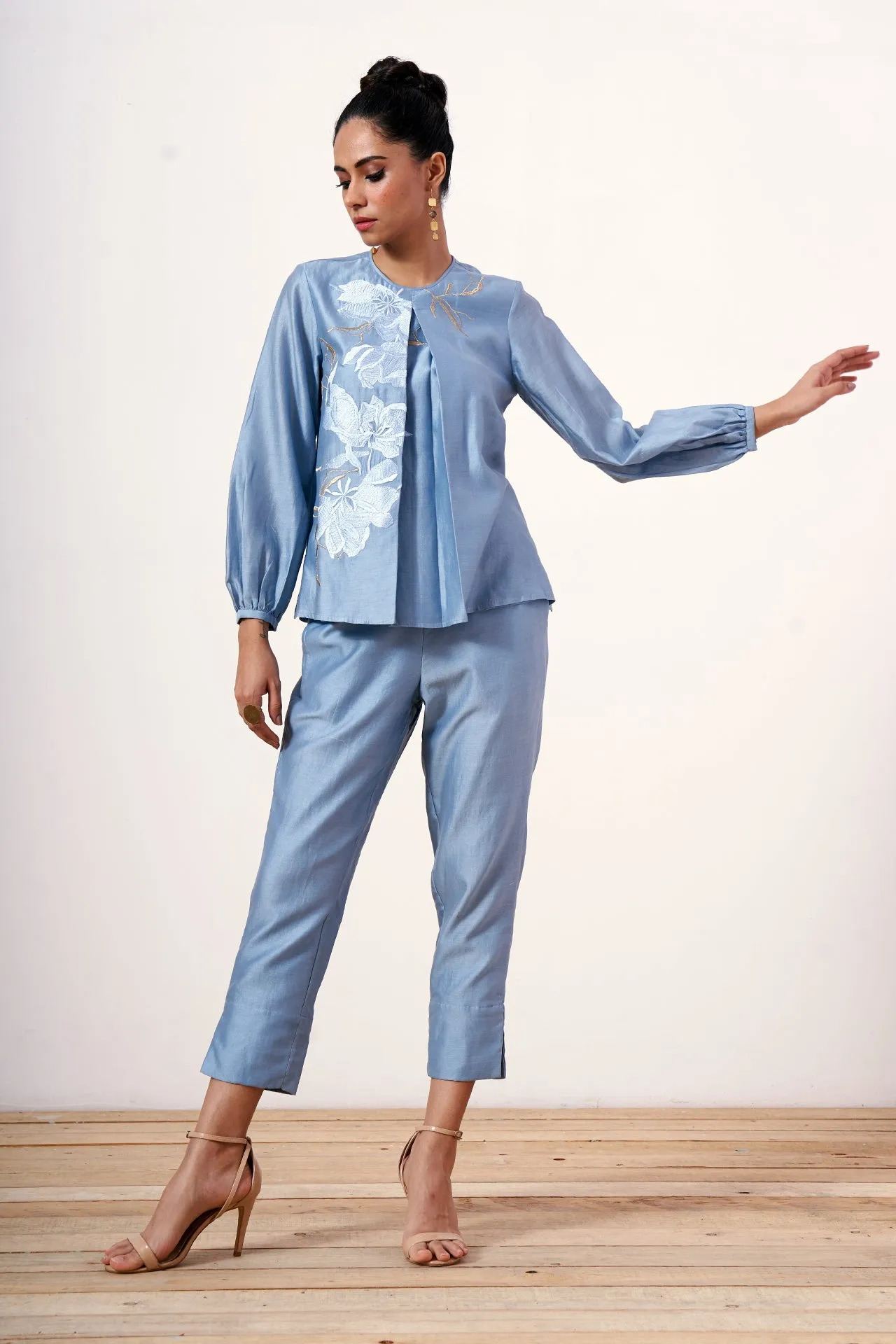 Miriam - Powder Blue Demure Top with Ankle Pants