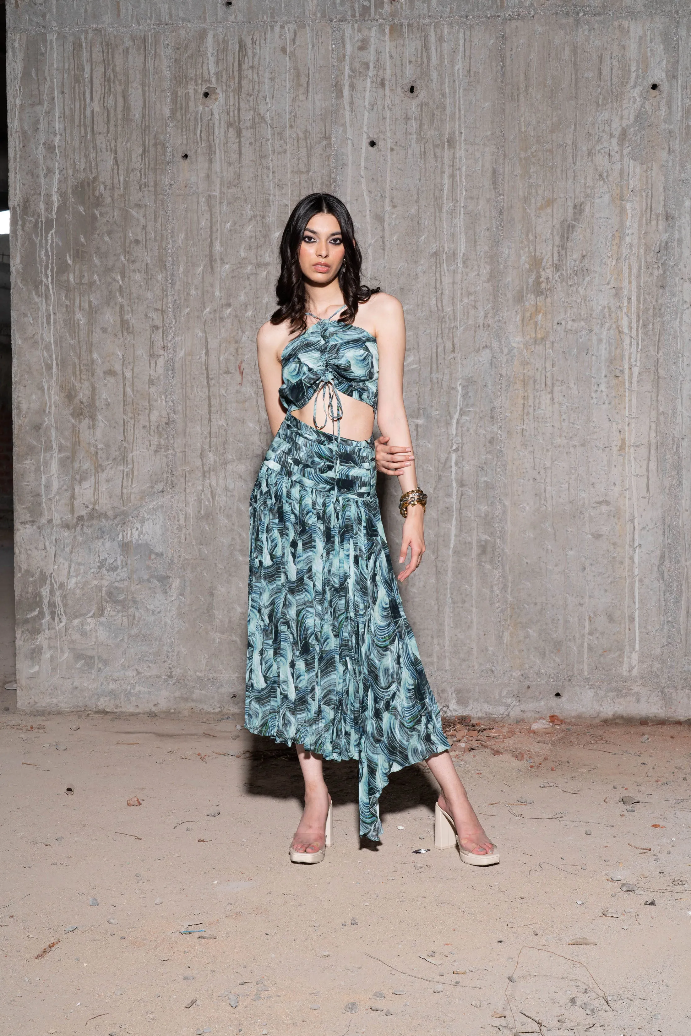 Multicolour Printed Crop Top And Skirt Co Ord