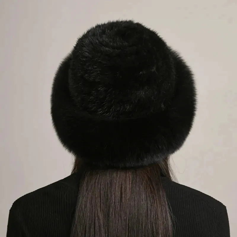 Natural Knitted Mink Fur Hat Cap Women Handmade Knit Headwear Beanies