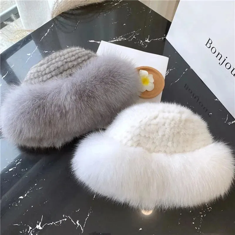 Natural Knitted Mink Fur Hat Cap Women Handmade Knit Headwear Beanies