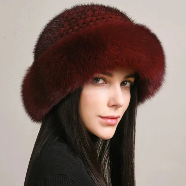 Natural Knitted Mink Fur Hat Cap Women Handmade Knit Headwear Beanies